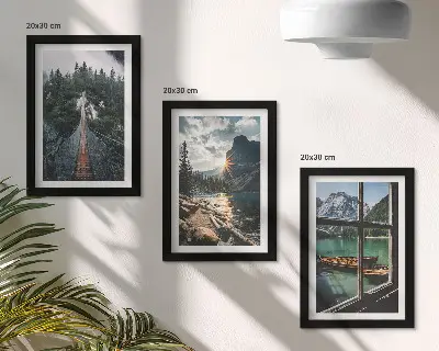 Juego de 3 cuadros decorativos con diseño de puente en el lago del bosque con barcos y vista a la montaña