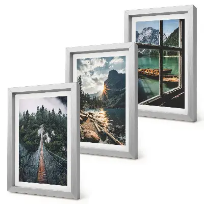 Juego de 3 cuadros decorativos con diseño de puente en el lago del bosque con barcos y vista a la montaña