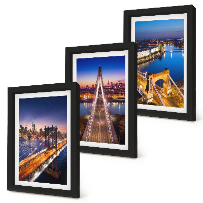 Juego de 3 cuadros decorativos Vistas nocturnas de ciudades con puentes y ríos.
