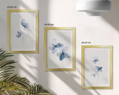 Juego de 3 cuadros decorativos flores en tonos azules sobre fondo claro