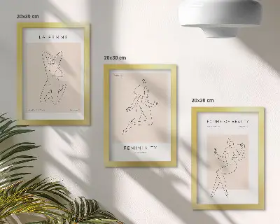 Juego de 3 cuadros decorativos con siluetas lineales de mujeres en estilo minimalista