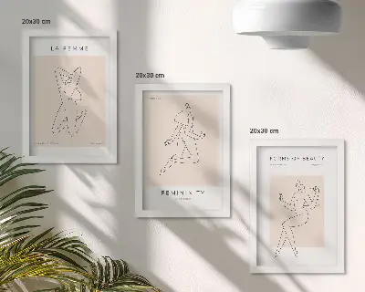 Juego de 3 cuadros decorativos con siluetas lineales de mujeres en estilo minimalista