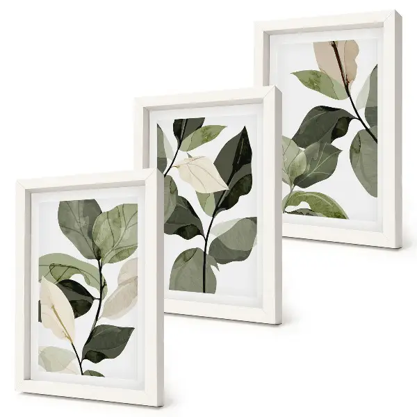Tríptico de hojas de plantas estilo bohemio enmarcado con diseño delicado