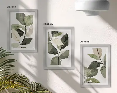 Tríptico de hojas de plantas estilo bohemio enmarcado con diseño delicado