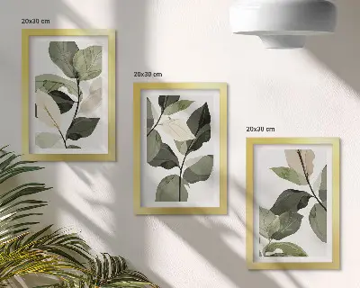Tríptico de hojas de plantas estilo bohemio enmarcado con diseño delicado