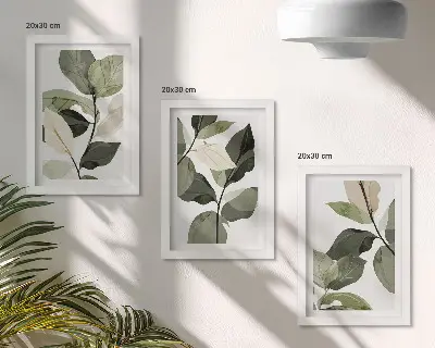 Tríptico de hojas de plantas estilo bohemio enmarcado con diseño delicado