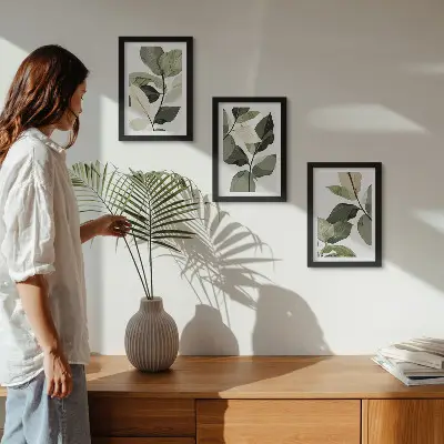 Tríptico de hojas de plantas estilo bohemio enmarcado con diseño delicado