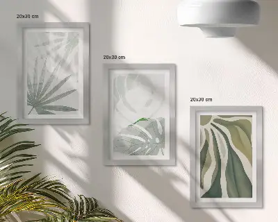 Tríptico enmarcado con diseño de hojas en tonos verdes y grises