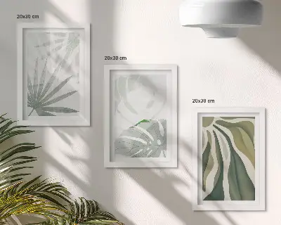 Tríptico enmarcado con diseño de hojas en tonos verdes y grises