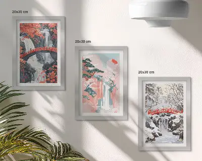 Juego de 3 cuadros decorativos con paisajes de cascadas, puentes y árboles en diferentes estaciones