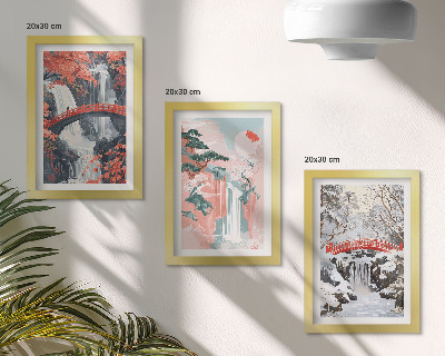 Juego de 3 cuadros decorativos Cascadas en diferentes estaciones con puentes y árboles.
