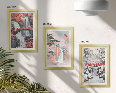 Juego de 3 cuadros decorativos con paisajes de cascadas, puentes y árboles en diferentes estaciones