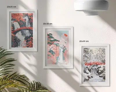 Juego de 3 cuadros decorativos con paisajes de cascadas, puentes y árboles en diferentes estaciones