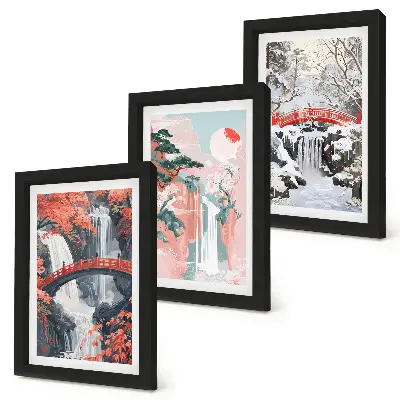 Juego de 3 cuadros decorativos con paisajes de cascadas, puentes y árboles en diferentes estaciones