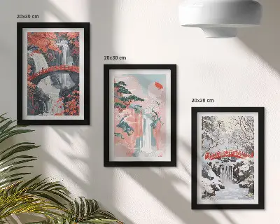 Juego de 3 cuadros decorativos con paisajes de cascadas, puentes y árboles en diferentes estaciones