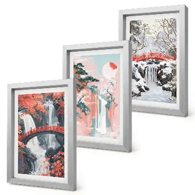 Juego de 3 cuadros decorativos con paisajes de cascadas, puentes y árboles en diferentes estaciones