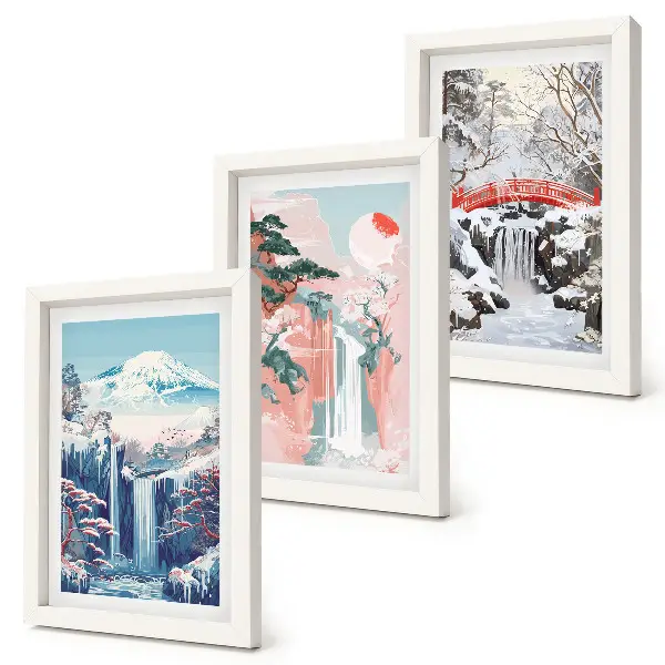 Juego de 3 cuadros decorativos con paisajes de montaña y cascadas en diferentes estaciones