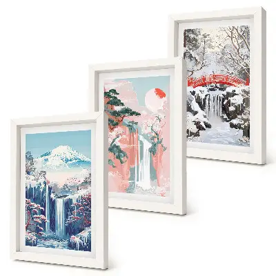 Juego de 3 cuadros decorativos con paisajes de montaña y cascadas en diferentes estaciones