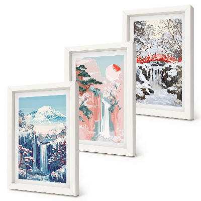Juego de 3 cuadros decorativos Paisajes de montaña y cascadas en diferentes estaciones.