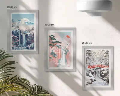 Juego de 3 cuadros decorativos con paisajes de montaña y cascadas en diferentes estaciones