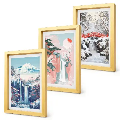 Juego de 3 cuadros decorativos con paisajes de montaña y cascadas en diferentes estaciones