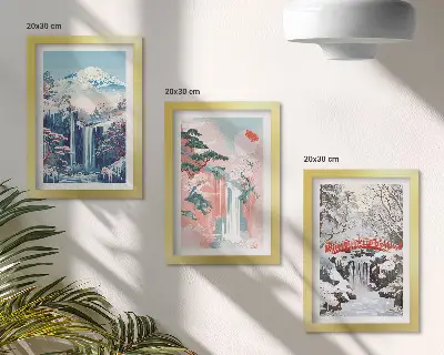 Juego de 3 cuadros decorativos con paisajes de montaña y cascadas en diferentes estaciones