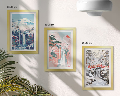 Juego de 3 cuadros decorativos Paisajes de montaña y cascadas en diferentes estaciones.