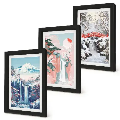 Juego de 3 cuadros decorativos con paisajes de montaña y cascadas en diferentes estaciones
