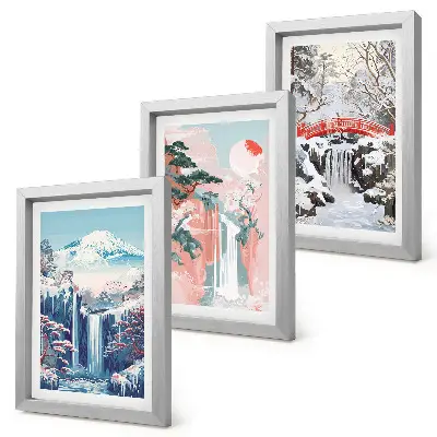 Juego de 3 cuadros decorativos con paisajes de montaña y cascadas en diferentes estaciones