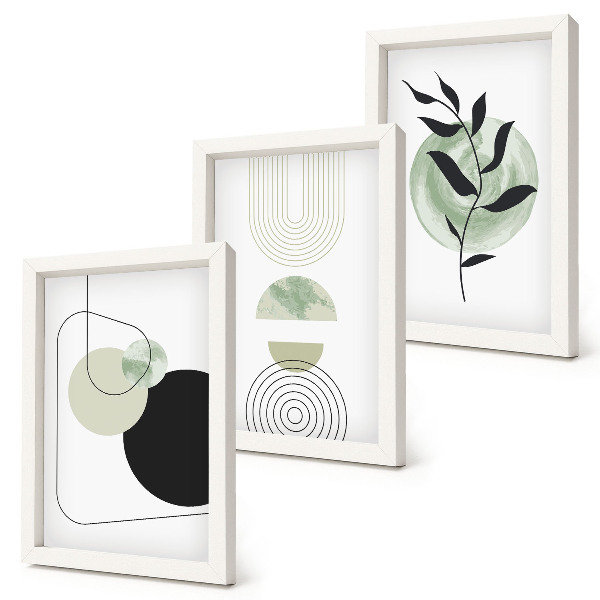 Tríptico enmarcado Formas abstractas y motivos vegetales en verde.