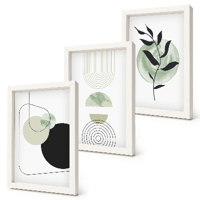 Tríptico enmarcado Formas abstractas y motivos vegetales en verde.