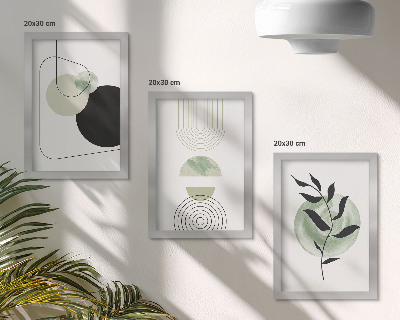 Tríptico enmarcado Formas abstractas y motivos vegetales en verde.