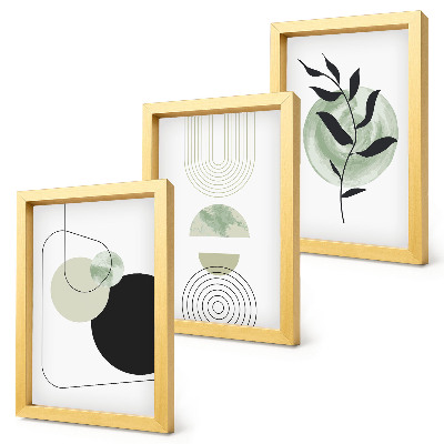 Tríptico enmarcado Formas abstractas y motivos vegetales en verde.