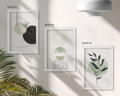 Tríptico enmarcado Formas abstractas y motivos vegetales en verde.