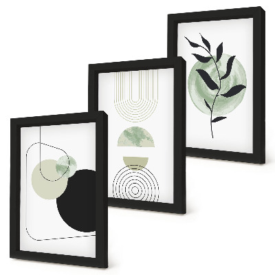Tríptico enmarcado Formas abstractas y motivos vegetales en verde.