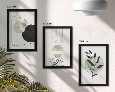Tríptico enmarcado Formas abstractas y motivos vegetales en verde.