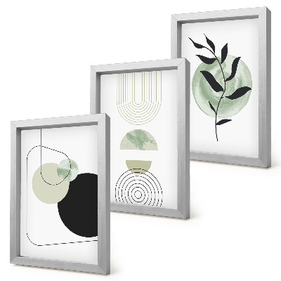 Tríptico enmarcado Formas abstractas y motivos vegetales en verde.