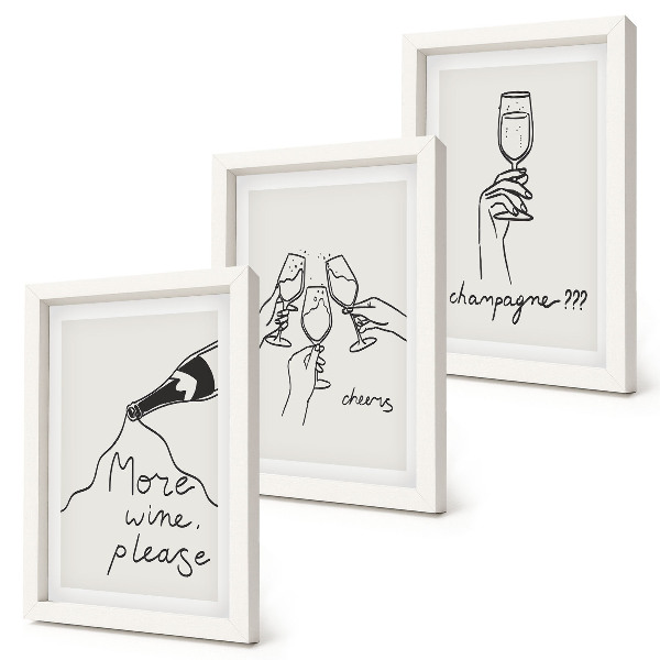 Tríptico enmarcado Momentos alegres con vino y champán (dibujo lineal)