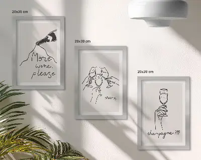 Tríptico enmarcado momentos alegres con vino y champán en dibujo lineal