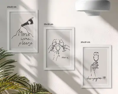 Tríptico enmarcado momentos alegres con vino y champán en dibujo lineal