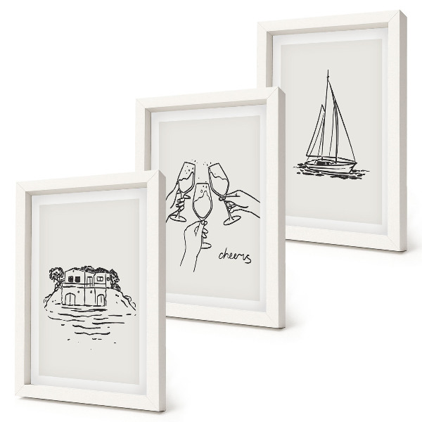 Juego de 3 cuadros decorativos Vistas de la casa junto al agua, brindis con copas, velero