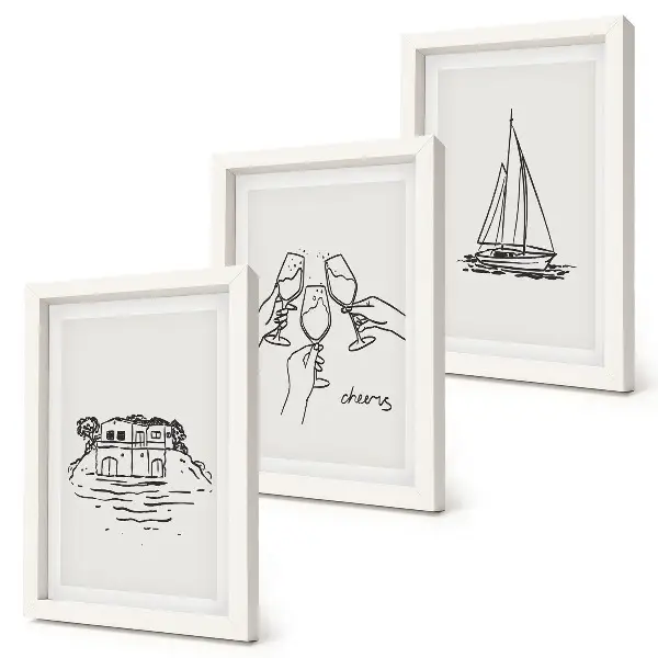 Juego de 3 cuadros decorativos vistas de la casa junto al agua con copas de brindis y velero