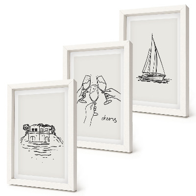 Juego de 3 cuadros decorativos Vistas de la casa junto al agua, brindis con copas, velero