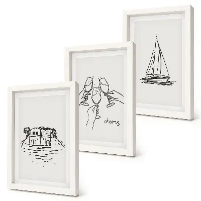 Juego de 3 cuadros decorativos vistas de la casa junto al agua con copas de brindis y velero