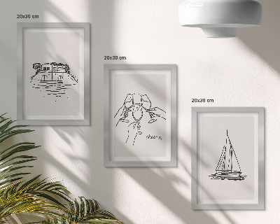 Juego de 3 cuadros decorativos Vistas de la casa junto al agua, brindis con copas, velero