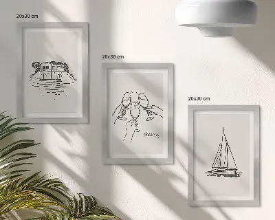 Juego de 3 cuadros decorativos vistas de la casa junto al agua con copas de brindis y velero