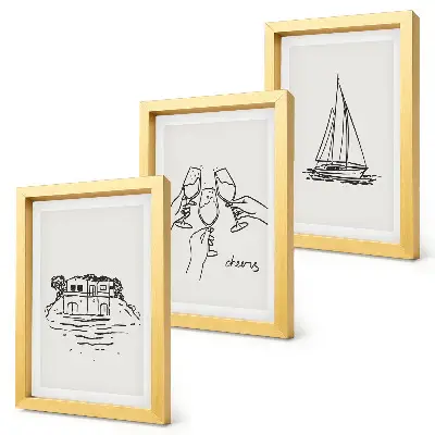 Juego de 3 cuadros decorativos vistas de la casa junto al agua con copas de brindis y velero