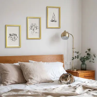 Juego de 3 cuadros decorativos vistas de la casa junto al agua con copas de brindis y velero