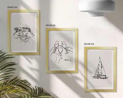 Juego de 3 cuadros decorativos vistas de la casa junto al agua con copas de brindis y velero