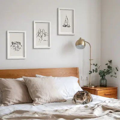 Juego de 3 cuadros decorativos vistas de la casa junto al agua con copas de brindis y velero